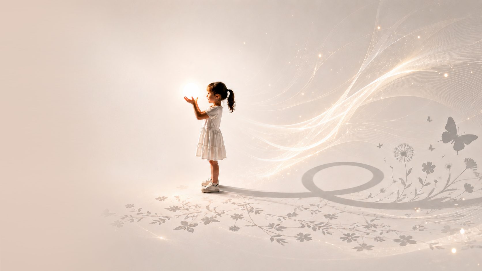 A girl holds a sphere of light in her hands: her shadow turns into a tree.
